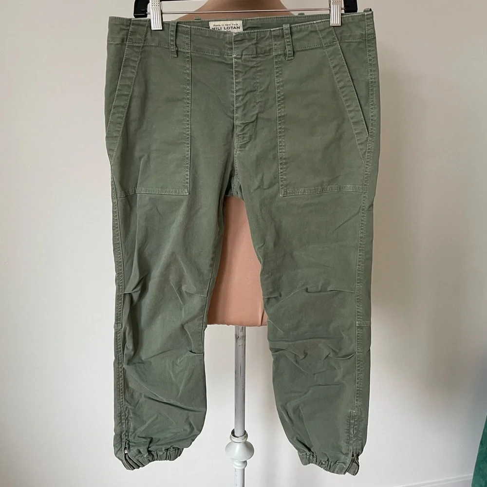 NILI LOTAN Olive Green Cropped French Military Cotton Twill Zipper Ankle Pants 8 - Picture 5 of 11